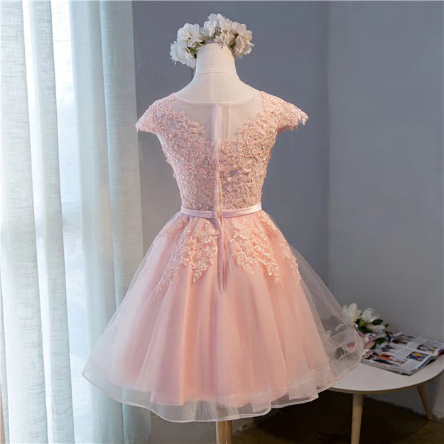 Luolandi Pink Lovely Cap Sleeves Knee Length Formal Dress Tulle Prom Dress Homecoming Dress